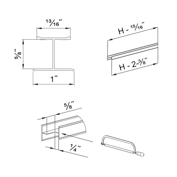 Drawing with dimensions of our silver 70" H profile kit for 5/8" sliding closet doors