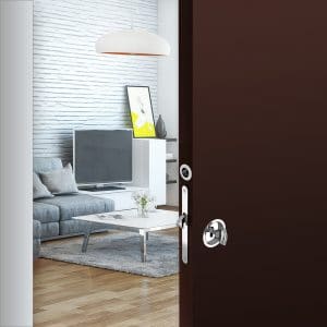 Ambiance image of our mortise lock assembly kit – Round finger pull and flush handles with key - Steel with chrome finish 2