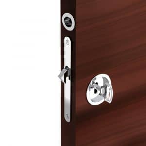 Ambiance image of our mortise lock assembly kit – Round finger pull and flush handles with key - Steel with chrome finish