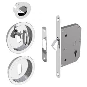 Mortise lock assembly kit – Round finger pull and flush handles with key - Steel with chrome finish