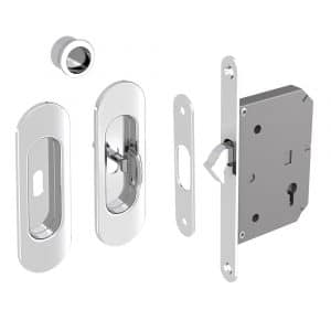 Mortise lock assembly kit – Round finger pull and oval flush handles with key - Steel with chrome finish