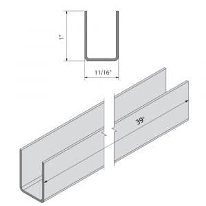 Drawing with dimensions of our Aluminum bottom guide U channel, 39"