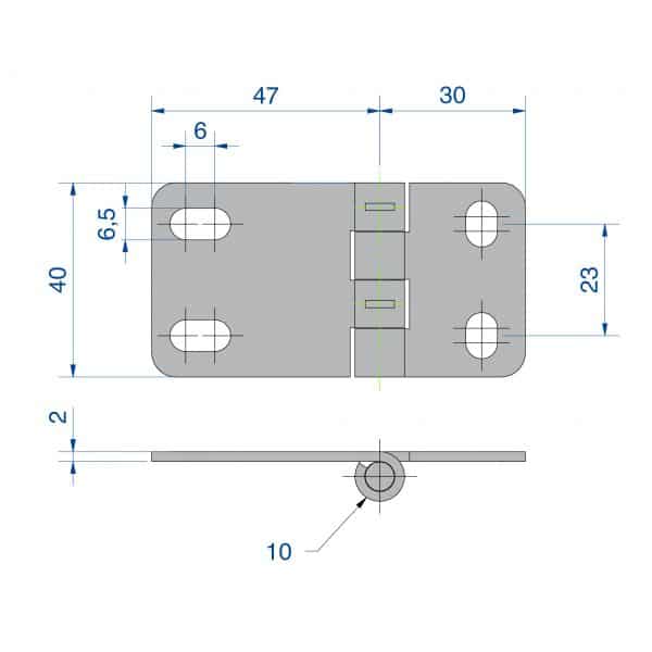 Drawing with dimension of our galvanized Steel Hinge – 1/4″ axle diameter – 1-9/16″ height