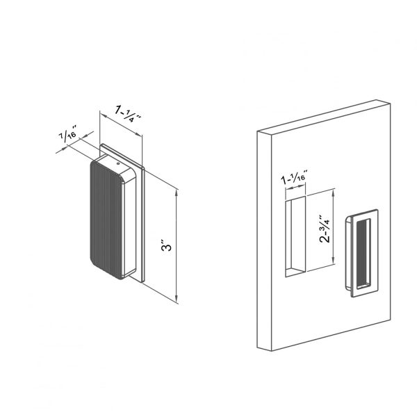 Drawing with dimensions of our rectangular flush pull handle for sliding doors