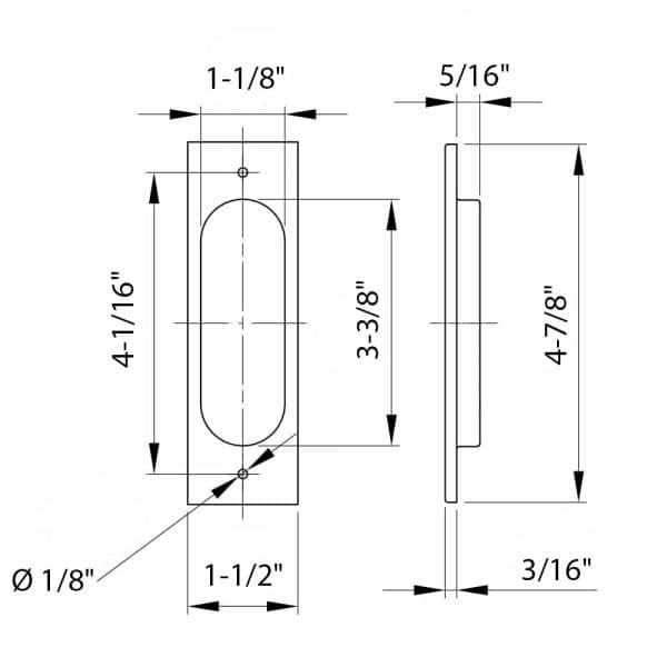 Drawing with dimensions of our Set of 2 rectangular flush pull handles