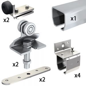 Quantity of items of our SLID'UP 2000 hardware kit with one track for one door up to 310 lbs, 1-1/2" thick