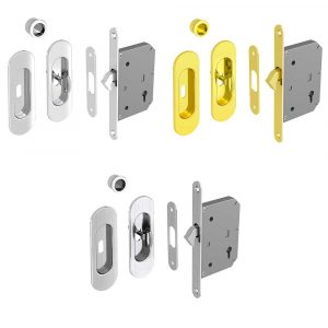 Mortise lock assembly kit – Round finger pull and oval flush handles with key - Steel with chrome, satin or golden finish