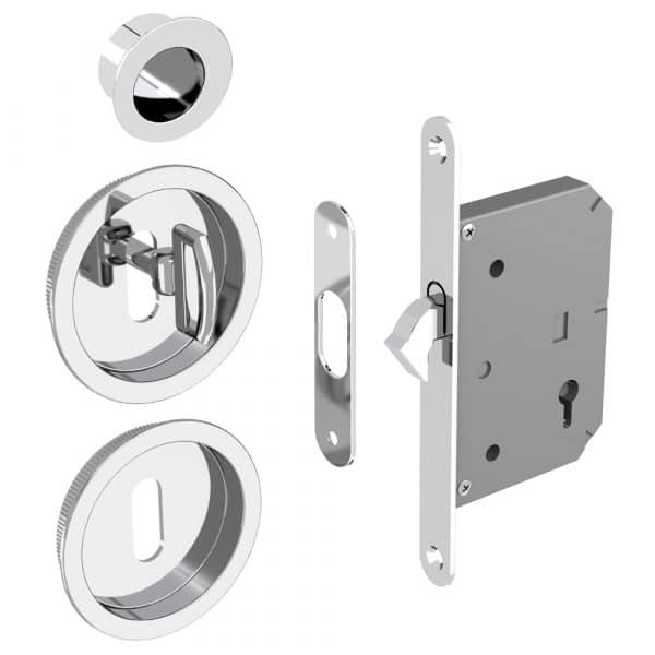 Mortise lock assembly kit – Round finger pull and flush handles with key - Stell with chrome finish
