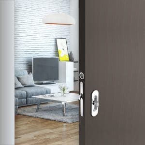 Ambiance image of our mortise lock assembly kit – Round finger pull and oval flush handles with key - Steel with chrome finish