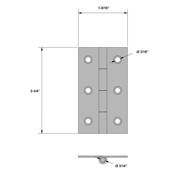 Drawing with dimensions of our galvanized Steel Hinge - 3/16" axle diameter - 2-3/4" height