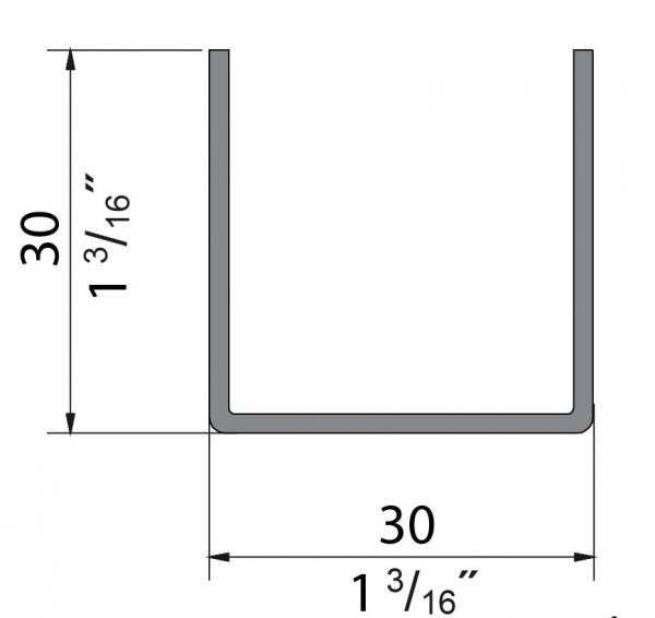 Drawing with dimensions of our stainless steel bottom guide U channel for SLID'UP 2000