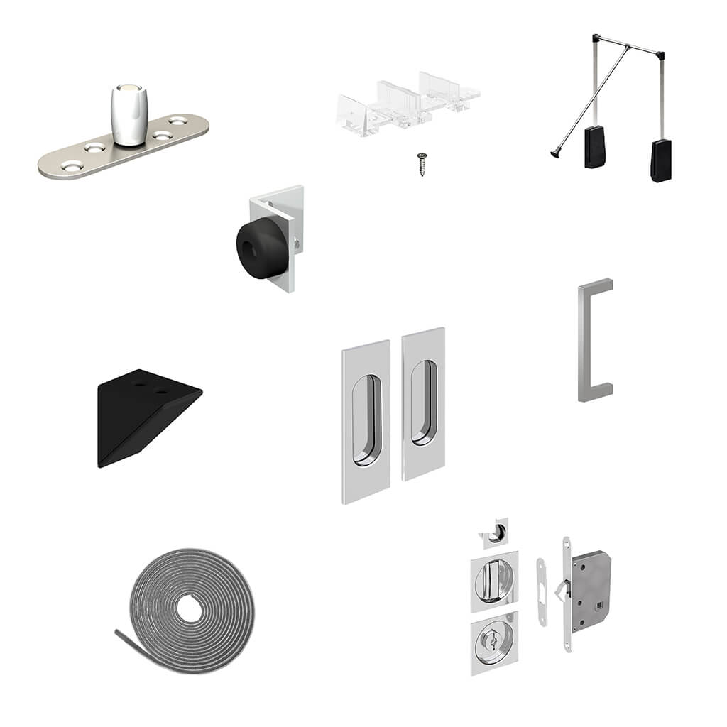 Various accessories: bottom guide, door bumper, handles, brush seals, mortise locks,