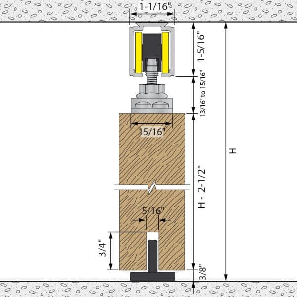 Drawing with dimensions of our SLID'UP 1000 kit with 2 x 39" connectable tracks for 1 door