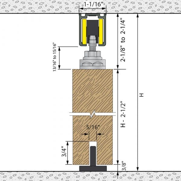 Drawing with dimensions of our SLID'UP 1100 kit with 2 x 39" connectable tracks for 1 door