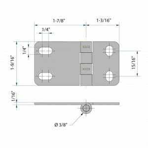 Drawing with dimension of our galvanized Steel Hinge – 1/4″ axle diameter – 1-9/16″ height