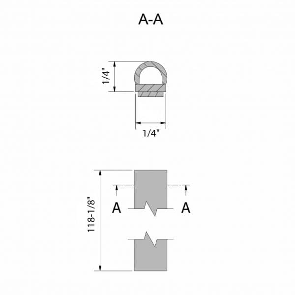 Drawing with dimension of our self-adhesive rubber door bottom seal – 1/4″ height