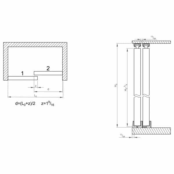 Drawing with dimensions of our SLID’UP 100 – Sliding cabinet door hardware kit for 2 bypass cabinet doors up to 20 lbs each - 2 x 70" tracks