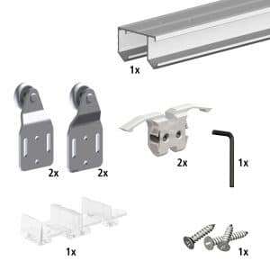 Content and quantities of our SLID’UP 110 – Sliding closet door hardware kit for 2 bypass doors up to 100 lbs each - 70" track
