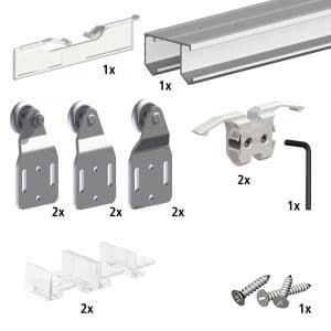 Content and quantities of our SLID'UP 110 kit for 3 sliding closet doors - 78" track