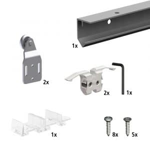 Content and quantities of our SLID’UP 120 – Sliding closet door hardware kit for 1 door up to 100 lbs - 59"