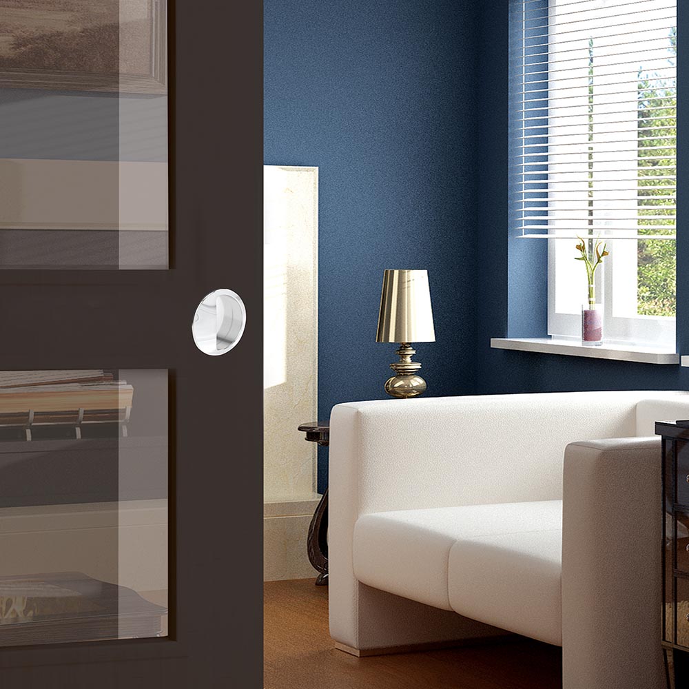 Zoom of our silver round flush pull handle for sliding doors
