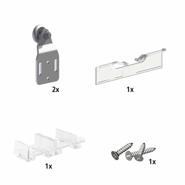 Content and quantities of our closet door rollers kit for SLID’UP 110 for 1 door up to 100 lbs