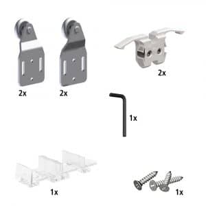 Content and quantities of our closet door rollers kit for SLID’UP 110 for 2 doors up to 100 lbs