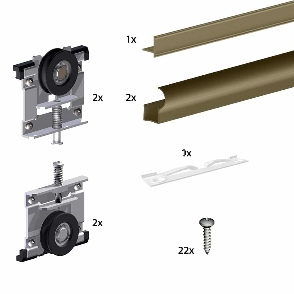 Content and quantities of our closet door roller kit for 1 door for SLID'UP 230 - Bronze