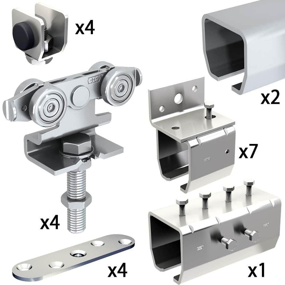Quantity of items in our SLID'UP 2000 hardware kit with 2 tracks for 2 doors up to 180 lbs