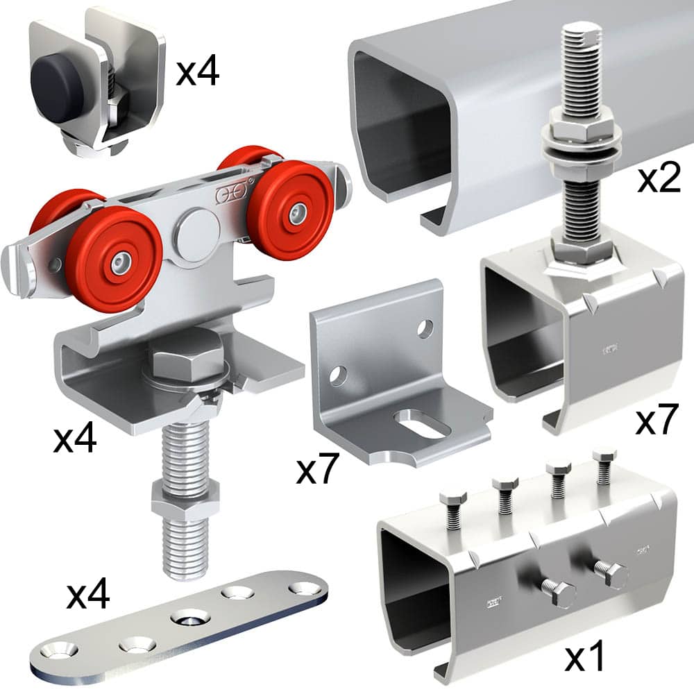 Quantity of items in our SLID'UP 2000 hardware kit with 2 tracks for 2 doors up to 130 lbs, 2" thick