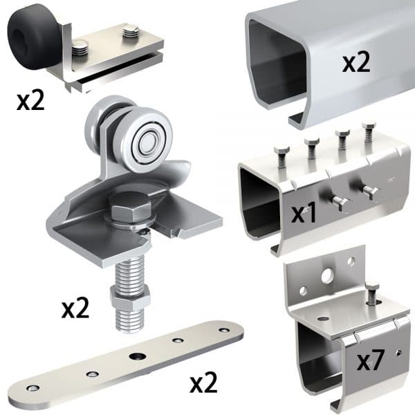 Quantity of items of our SLID'UP 2000 hardware kit with one track for one door up to 310 lbs, 1-1/2" thick (2 tracks)