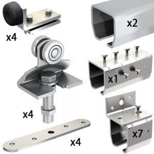 Quantity of items of our SLID'UP 2000 hardware kit with 2 tracks for 2 doors up to 310 lbs, 1-1/2" thick