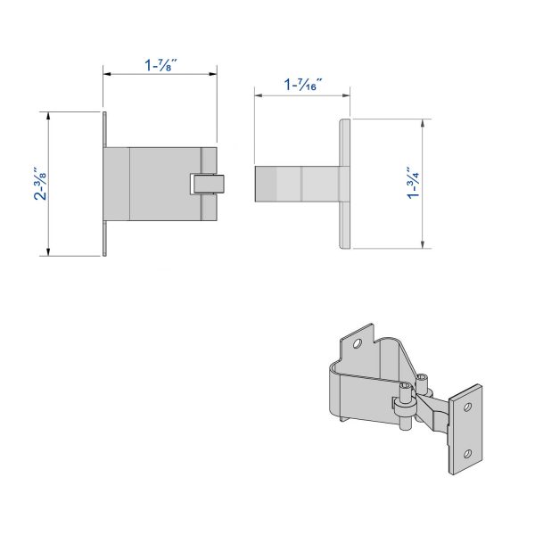 Drawing with dimensions of our stopper with nylon bolt and steel strike (30 daN)