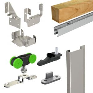 Content of our SLID'UP 2200 complete kit for 1 sliding pocket door 8 feet height maximum