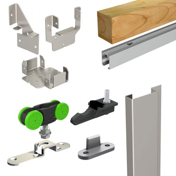 Content of our SLID'UP 2200 complete kit for 1 sliding pocket door 8 feet height maximum