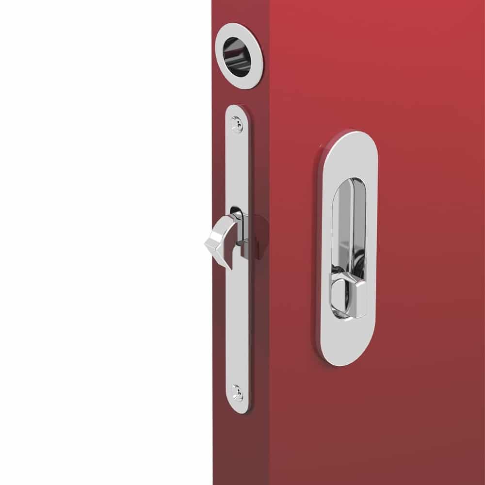 Ambiance image of our mortise lock kit – Round finger pull and oval flush handles with locking device - Steel with chrome finish