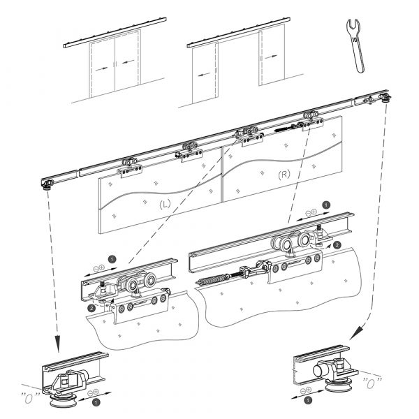 Drawing with dimensions of our synchronization kit for glass doors for SLID'UP 190