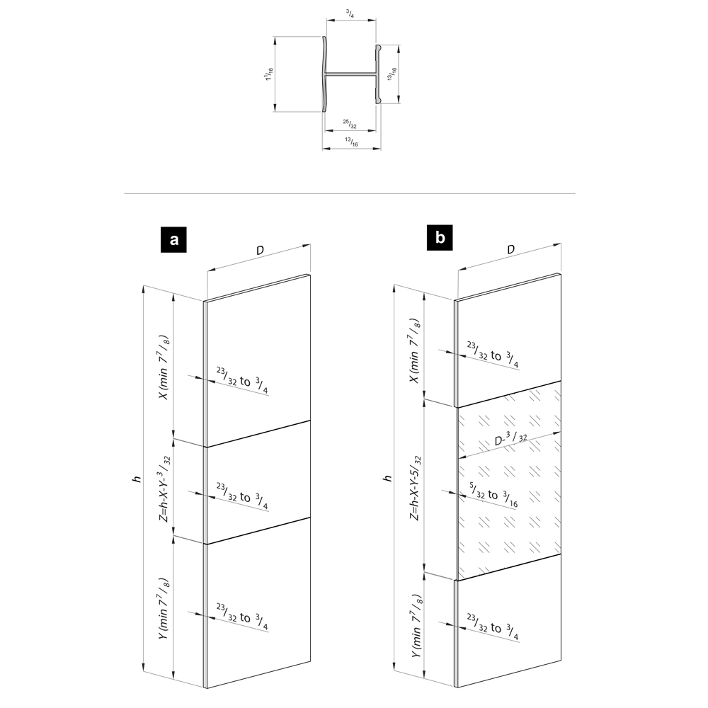Drawing with dimensions of our H profile kit for sliding closet doors - Black