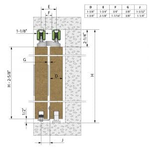 Mounting drawing with dimensions of our roller kit for telescopic doors SLID'UP 2500 for 2 doors , opening on the left