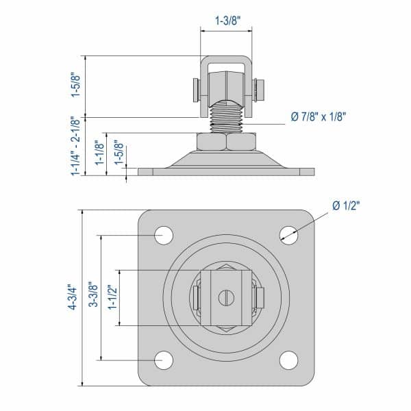 Drawing with dimensions of our hinge on screw-on plate with screw-on clevis M22