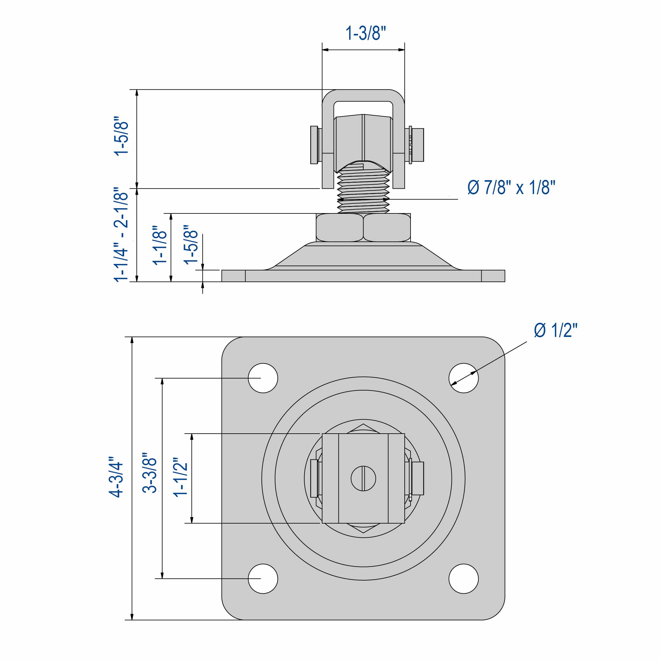 Drawing with dimensions of our hinge on screw-on plate with screw-on clevis M22