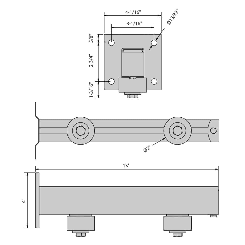 Drawing with dimensions of our adjustable screw-on top guide for sliding gates, 2 olives Ø2"