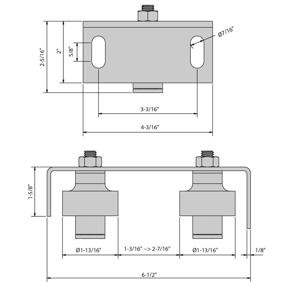 Drawing with dimensions of our adjustable screw-on top guide for sliding gates, 2 olives Ø1-3/4"