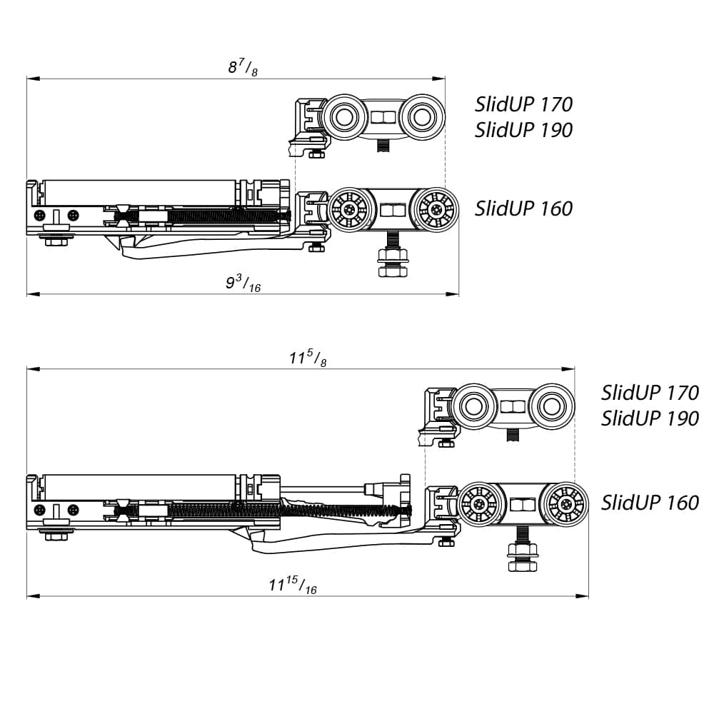 Drawing with dimensions of our soft closer for SLID'UP 160, 170, 190 for doors between 90 lbs to 180 lbs.