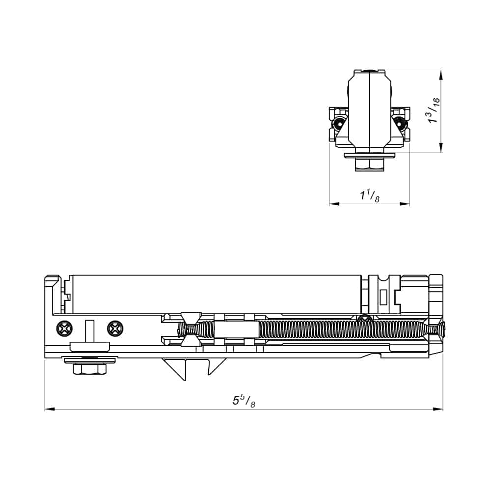 Dimensions of our soft closer for light doors for SLID'UP 160, 170, 190 for doors between 20 lbs to 175 lbs.