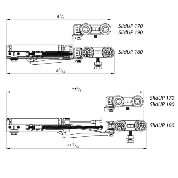 Drawing with dimensions of our soft closer for light doors for SLID'UP 160, 170, 190 for doors between 20 lbs to 175 lbs.