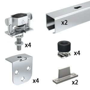 Content and quantities of our SLID’UP 1200 – Sliding door hardware kit for 2 exterior doors up to 90 lbs - 2 x 61" tracks