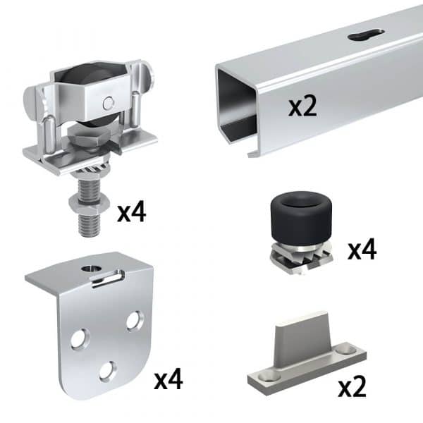 Content and quantities of our SLID’UP 1200 – Sliding door hardware kit for 2 exterior doors up to 90 lbs - 2 x 61" tracks