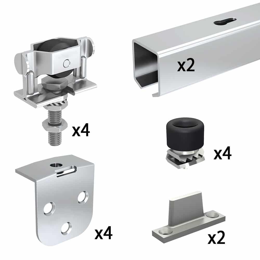 Content and quantities of our SLID’UP 1200 – Sliding door hardware kit for 2 exterior doors up to 90 lbs - 2 x 61" tracks