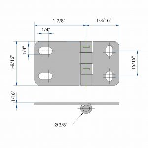 Drawing with dimension of our galvanized Steel Hinge – 1/4″ axle diameter – 1-9/16″ height